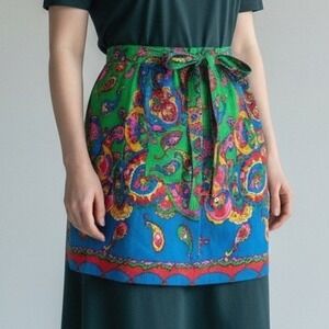 Vintage 1960s Half Apron Psychedelic Paisley Green Blue Retro Groovy Hippie Pop
